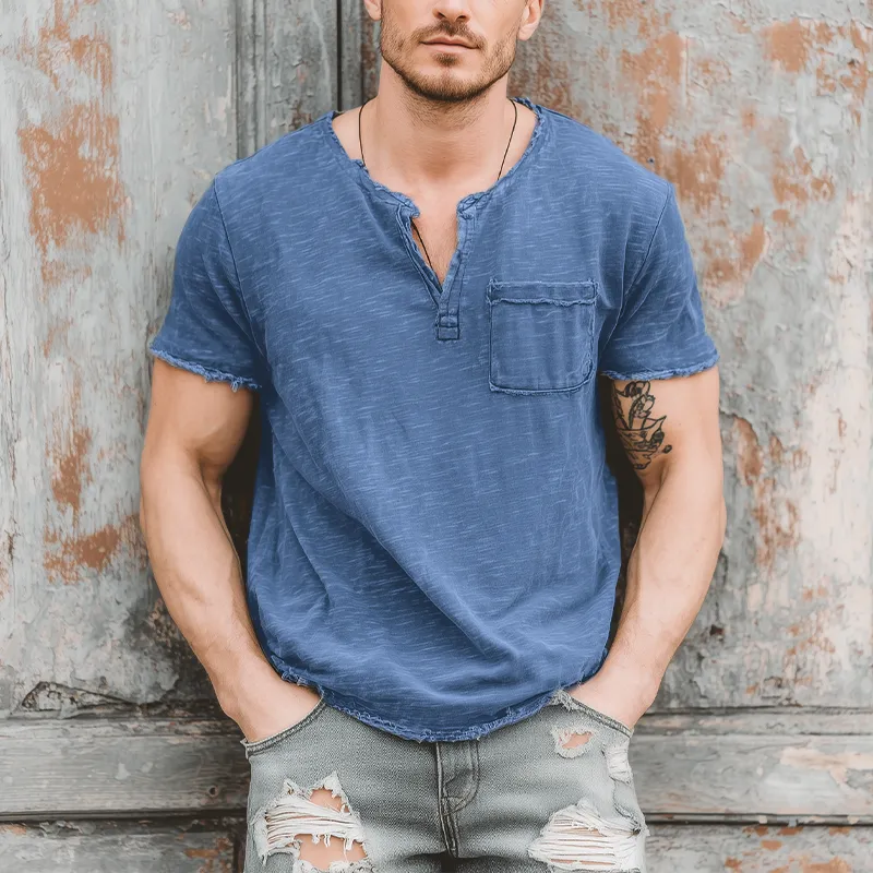 Men's Fashion Casual Bamboo Cotton Raw Edge Henley Collar Short Sleeve T-Shirt MTA1572G5K sold by Manly product image thumbnail 4