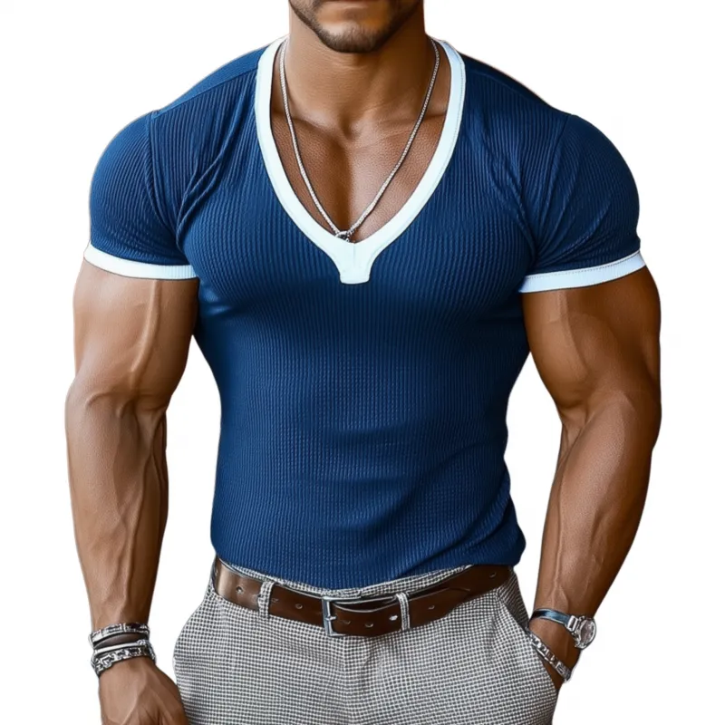 Men's Casual Cotton Blended Contrast Color Ribbed V-Neck Tight Short Sleeve T-Shirt MTA1500G9M sold by Manly