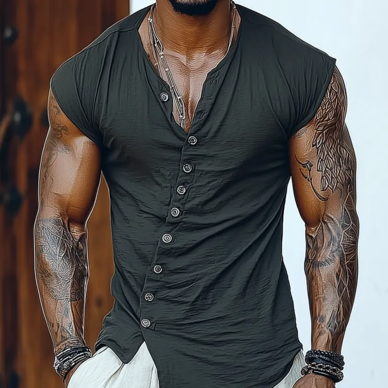 Men's Casual Solid Color Breathable Cotton Blend Oblique Placket Irregular Hem Slim Sleeveless Shirt MTA1558G7M sold by Manly product image thumbnail 3