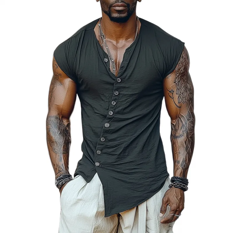 Men's Casual Solid Color Breathable Cotton Blend Oblique Placket Irregular Hem Slim Sleeveless Shirt MTA1558G7M sold by Manly