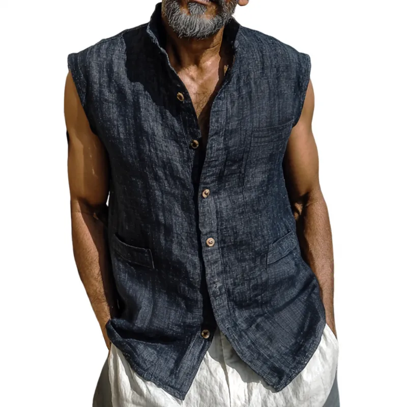 Men's Casual Breathable Linen Stand Collar Single Breasted Multi-patch Pocket Sleeveless Shirt MTA1131G2M sold by Manly