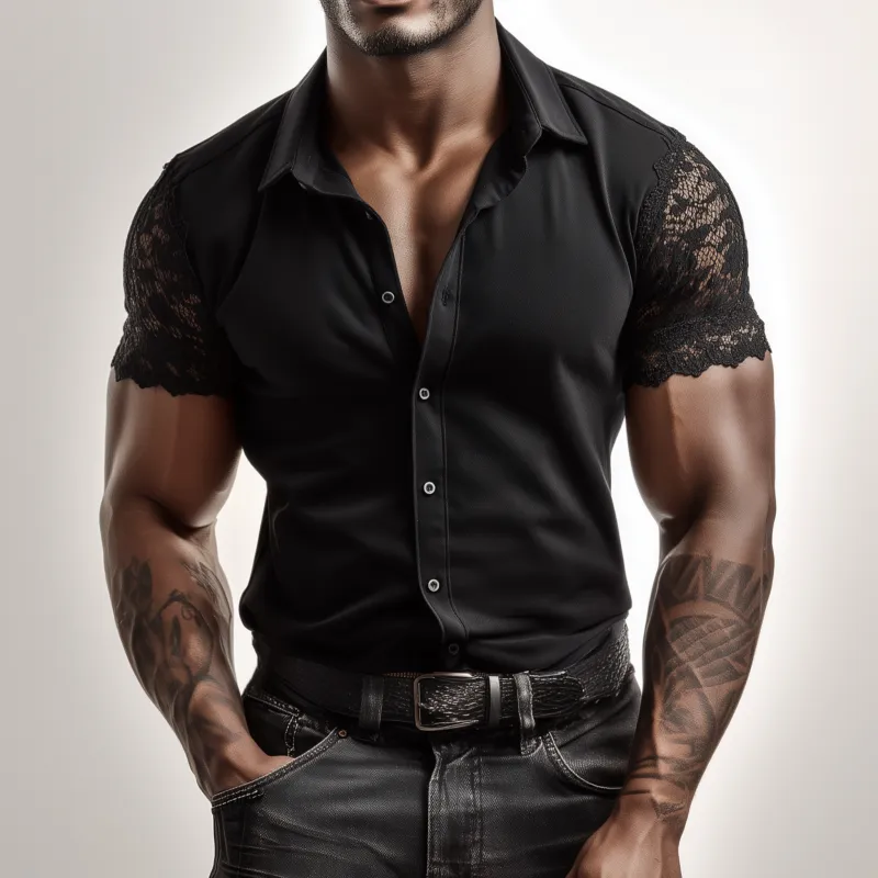 Men's Casual Solid Color Cotton Blend Patchwork Lace Lapel Slim Short Sleeve Shirt MTA1562G7M sold by Manly product image thumbnail 2