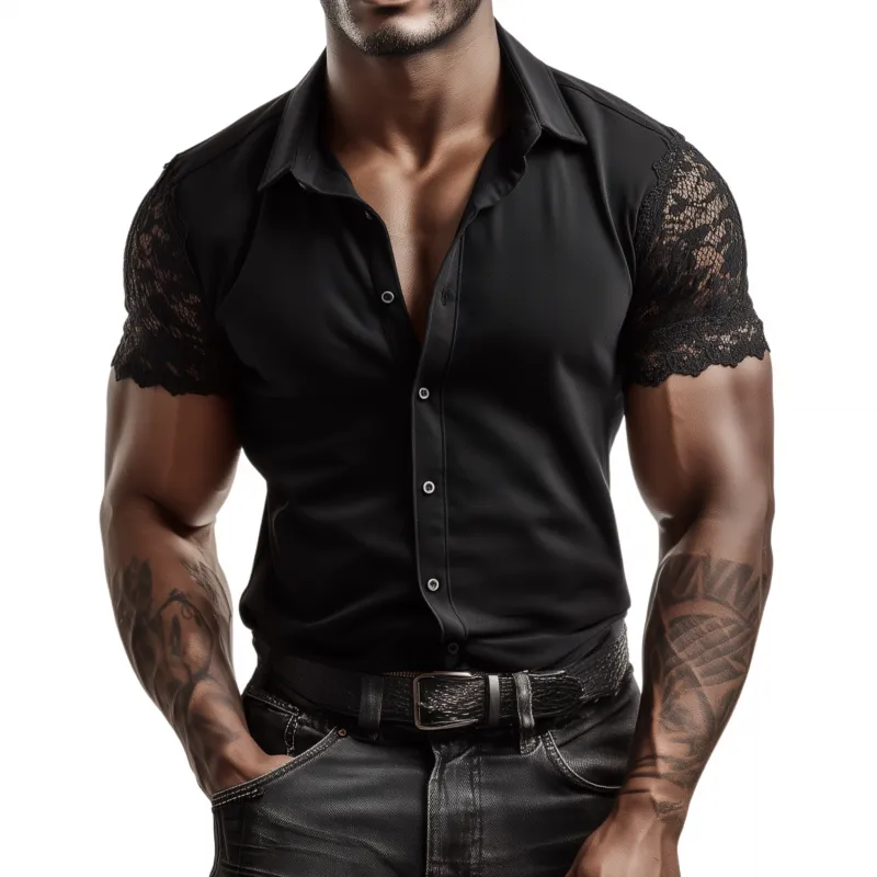 Men's Casual Solid Color Cotton Blend Patchwork Lace Lapel Slim Short Sleeve Shirt MTA1562G7M sold by Manly