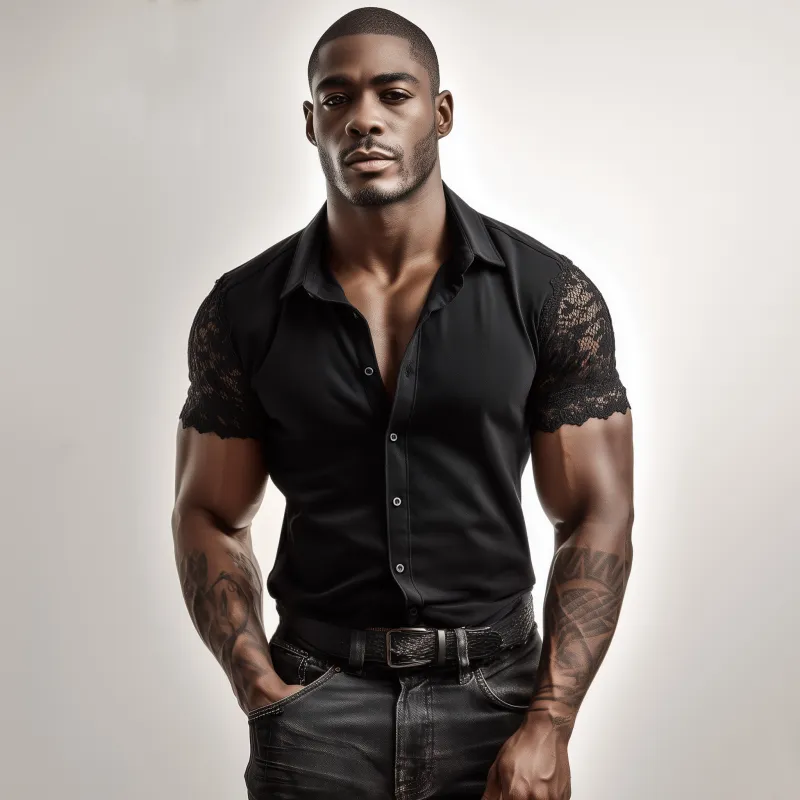 Men's Casual Solid Color Cotton Blend Patchwork Lace Lapel Slim Short Sleeve Shirt MTA1562G7M sold by Manly product image thumbnail 3