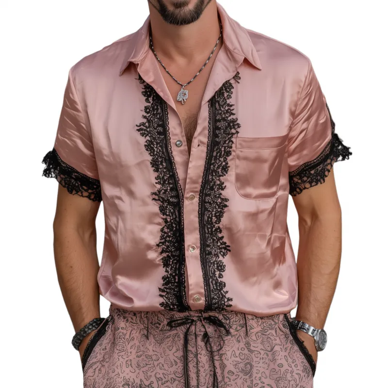 Men's Vintage Elegant Satin Lace Colorblock Patchwork Lapel Patch Pocket Slim Fit Short Sleeve Shirt  MTA1560G8M sold by Manly