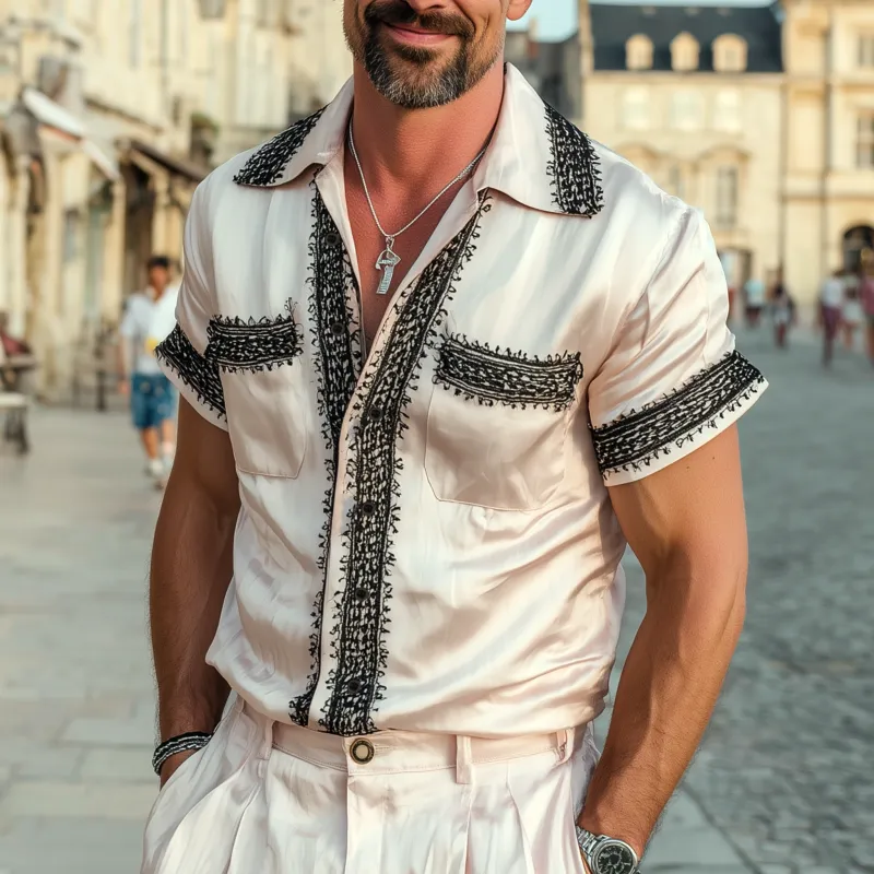 Men's Vintage Elegant Satin Lace Colorblock Patchwork Lapel Chest Pocket Slim Fit Short Sleeve Shirt MTA1570G9M sold by Manly product image thumbnail 2