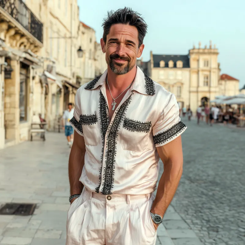 Men's Vintage Elegant Satin Lace Colorblock Patchwork Lapel Chest Pocket Slim Fit Short Sleeve Shirt MTA1570G9M sold by Manly product image thumbnail 3