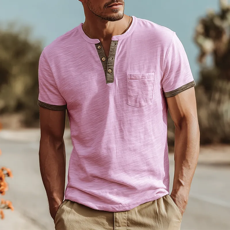 Men's Fashion Casual Bamboo Cotton Stitching Henley Collar Short Sleeve T-Shirt MTA1566G9K sold by Manly product image thumbnail 5