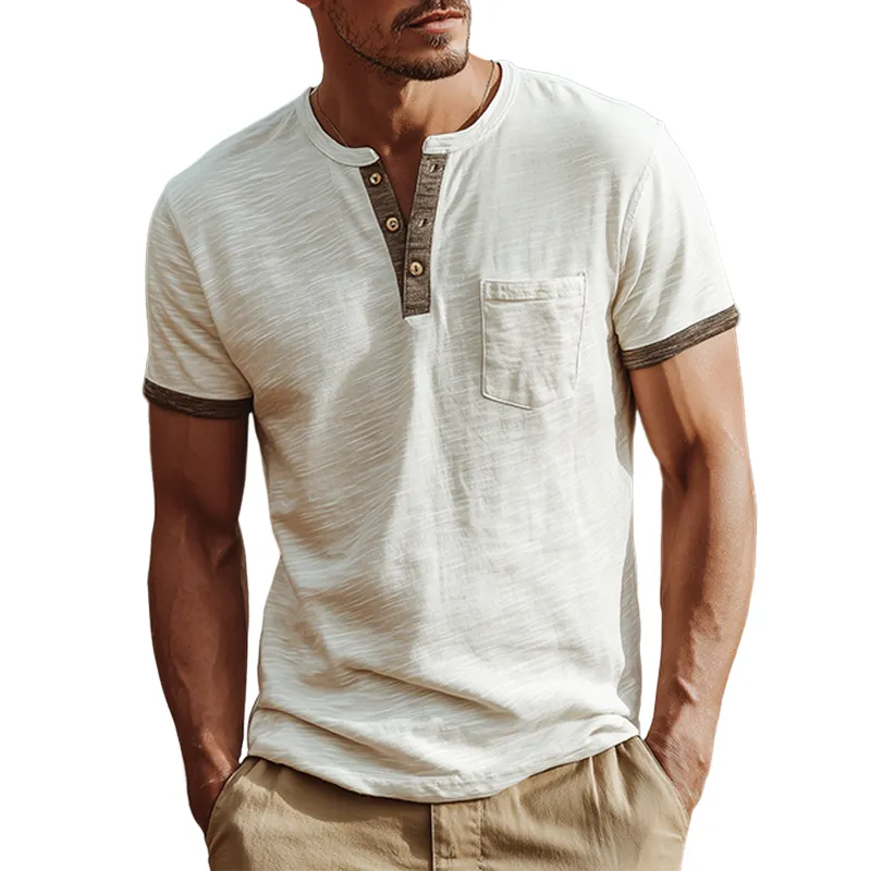 Men's Fashion Casual Bamboo Cotton Stitching Henley Collar Short Sleeve T-Shirt MTA1566G9K sold by Manly