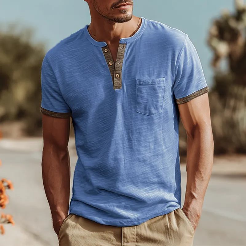 Men's Fashion Casual Bamboo Cotton Stitching Henley Collar Short Sleeve T-Shirt MTA1566G9K sold by Manly product image thumbnail 4