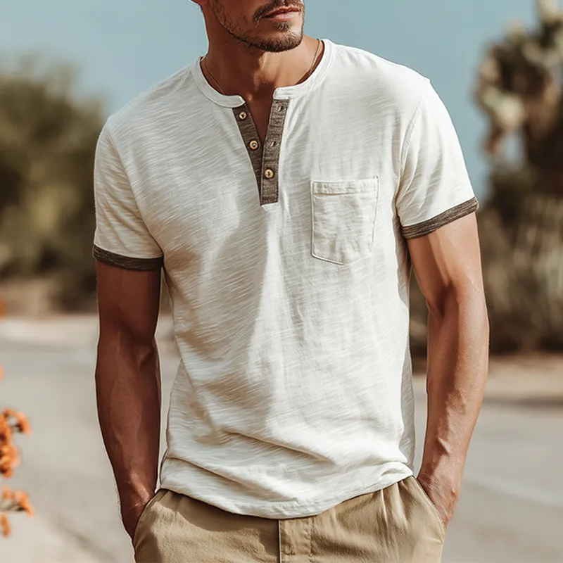 Men's Fashion Casual Bamboo Cotton Stitching Henley Collar Short Sleeve T-Shirt MTA1566G9K sold by Manly product image thumbnail 2