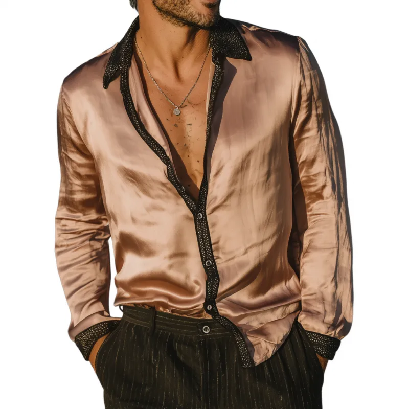 Men's Vintage Elegant Satin Lace Colorblock Patchwork Lapel Slim Fit Long Sleeve Shirt MTA1541G1M sold by Manly