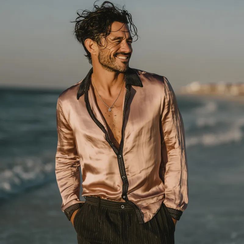 Men's Vintage Elegant Satin Lace Colorblock Patchwork Lapel Slim Fit Long Sleeve Shirt MTA1541G1M sold by Manly product image thumbnail 3