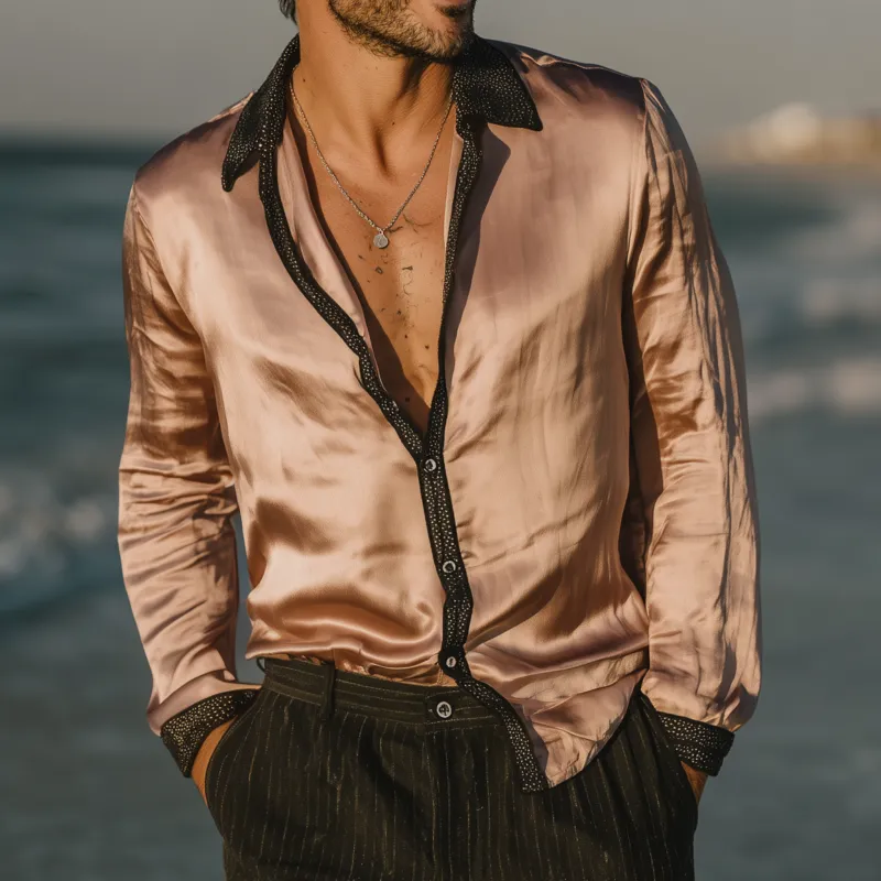 Men's Vintage Elegant Satin Lace Colorblock Patchwork Lapel Slim Fit Long Sleeve Shirt MTA1541G1M sold by Manly product image thumbnail 2