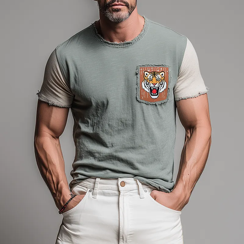 Men's Fashion Casual Cotton Blended Tiger Patch Embroidered Raw Edge Slim Fit Short Sleeve T-shirt MTA1521G6K sold by Manly product image thumbnail 2