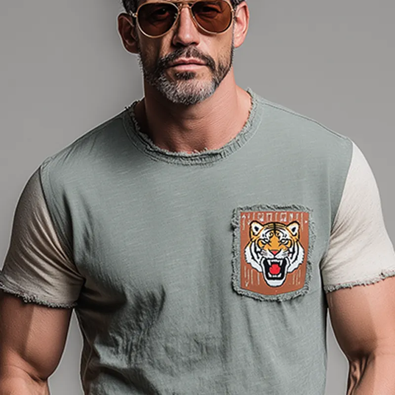 Men's Fashion Casual Cotton Blended Tiger Patch Embroidered Raw Edge Slim Fit Short Sleeve T-shirt MTA1521G6K sold by Manly product image thumbnail 4