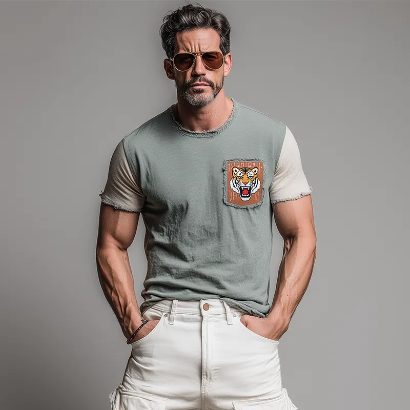Men's Fashion Casual Cotton Blended Tiger Patch Embroidered Raw Edge Slim Fit Short Sleeve T-shirt MTA1521G6K sold by Manly product image thumbnail 3