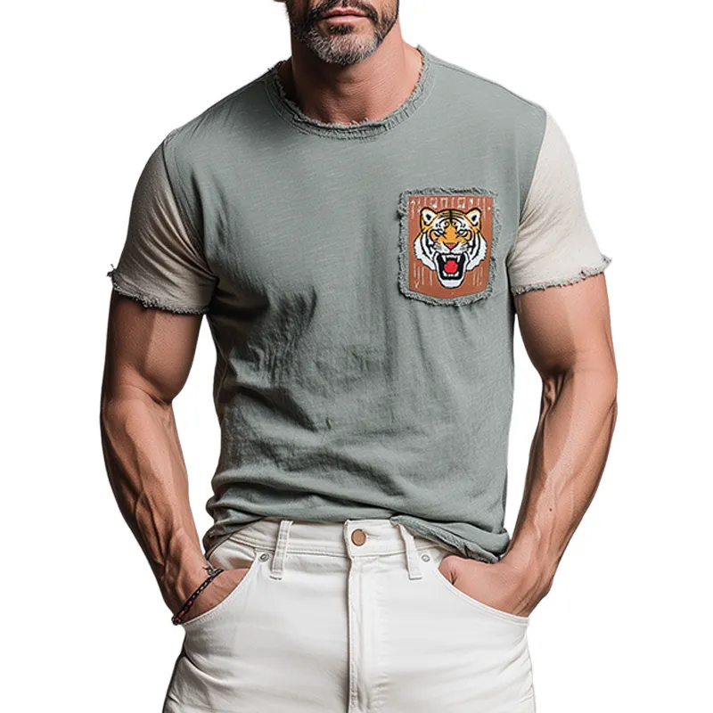 Men's Fashion Casual Cotton Blended Tiger Patch Embroidered Raw Edge Slim Fit Short Sleeve T-shirt MTA1521G6K sold by Manly