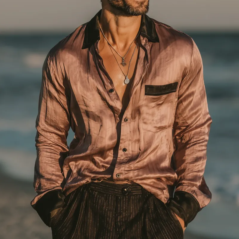 Men's Vintage Elegant Colorblock Satin Lapel Patch Pocket Slim Fit Long Sleeve Shirt MTA1500G0M sold by Manly product image thumbnail 2