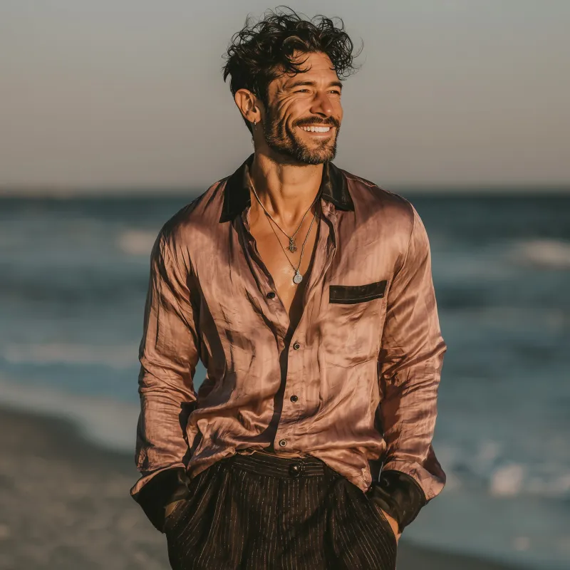 Men's Vintage Elegant Colorblock Satin Lapel Patch Pocket Slim Fit Long Sleeve Shirt MTA1500G0M sold by Manly product image thumbnail 3