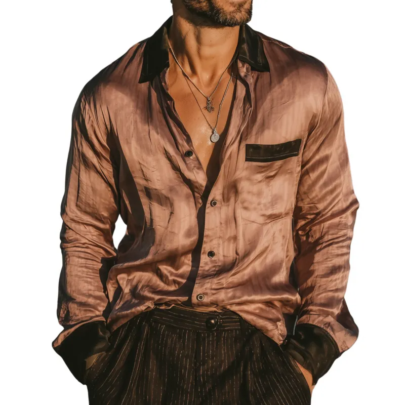 Men's Vintage Elegant Colorblock Satin Lapel Patch Pocket Slim Fit Long Sleeve Shirt MTA1500G0M sold by Manly