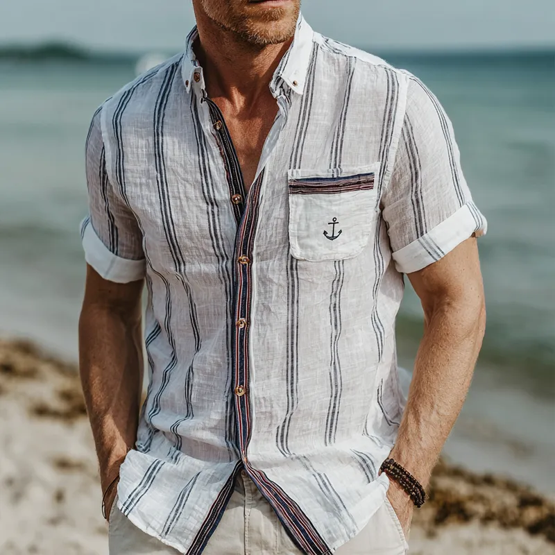 Men's Stripe Print Lapel Short Sleeve Shirt MTA1517G3X sold by Manly product image thumbnail 2