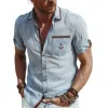 Men's Cotton And Linen Solid Color Embroidered Short-sleeved Shirt MTA1520G9X sold by Manly