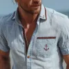 Men's Cotton And Linen Solid Color Embroidered Short-sleeved Shirt MTA1520G9X sold by Manly