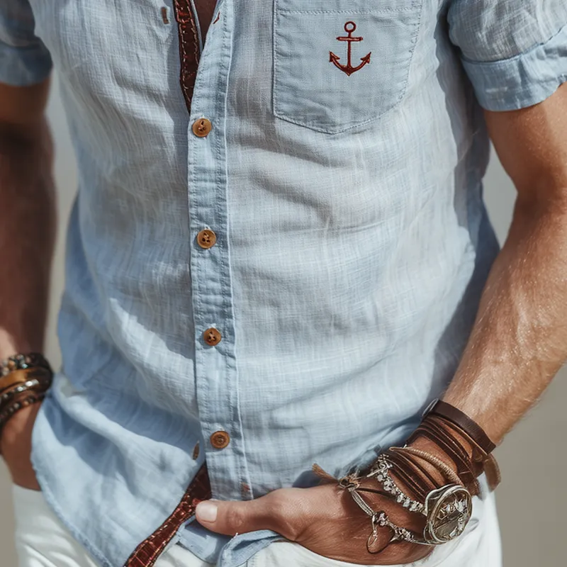 Men's Cotton And Linen Solid Color Embroidered Short-sleeved Shirt MTA1520G9X sold by Manly product image thumbnail 4