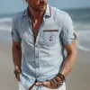 Men's Cotton And Linen Solid Color Embroidered Short-sleeved Shirt MTA1520G9X sold by Manly