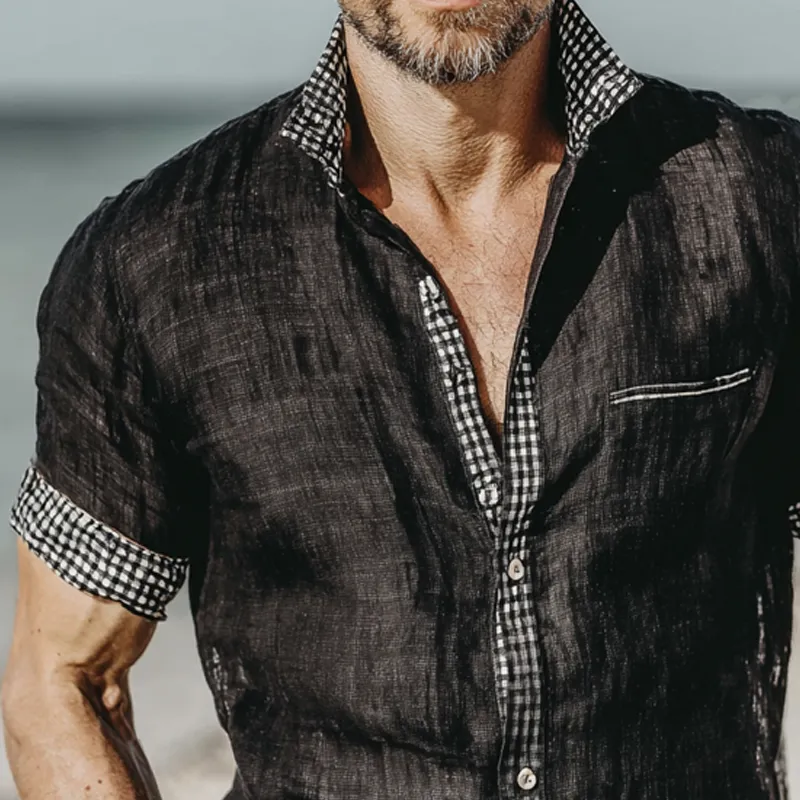 Men's Plaid Cotton And Linen Short Sleeve Shirt MTA1547G4X sold by Manly product image thumbnail 3