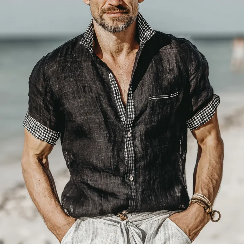 Men's Plaid Cotton And Linen Short Sleeve Shirt MTA1547G4X sold by Manly product image thumbnail 2