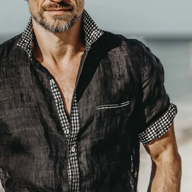 Men's Plaid Cotton And Linen Short Sleeve Shirt MTA1547G4X sold by Manly product image thumbnail 4