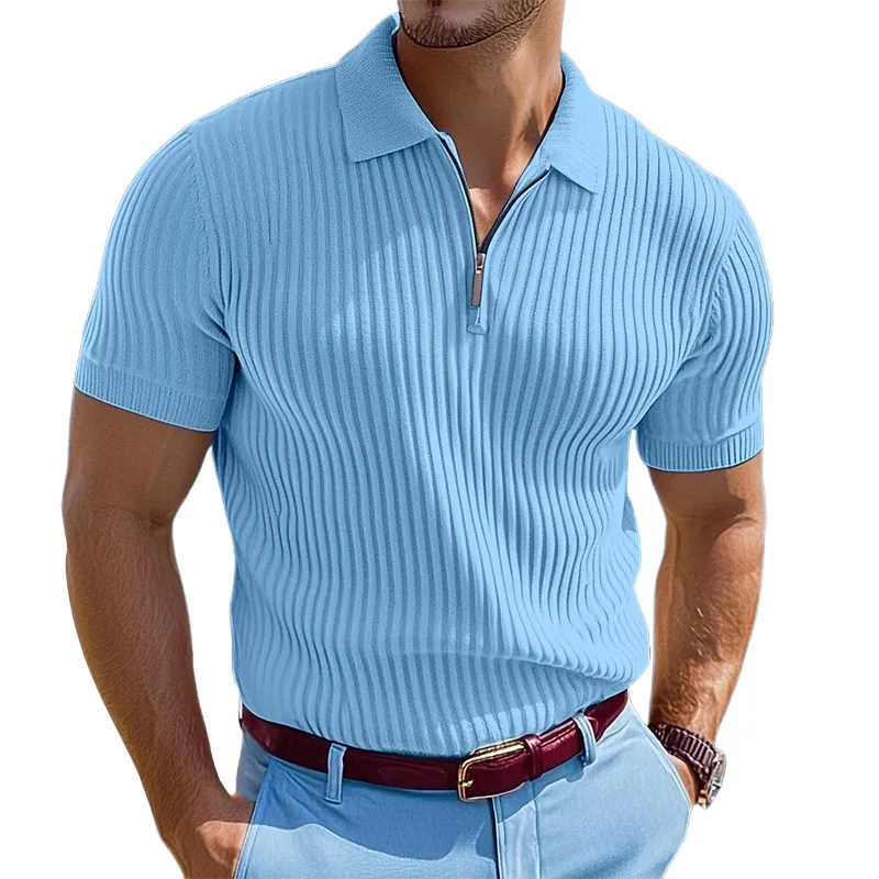 Men's Knitted Striped Zipper Short-sleeved POLO Shirt MTA1540G6X sold by Manly