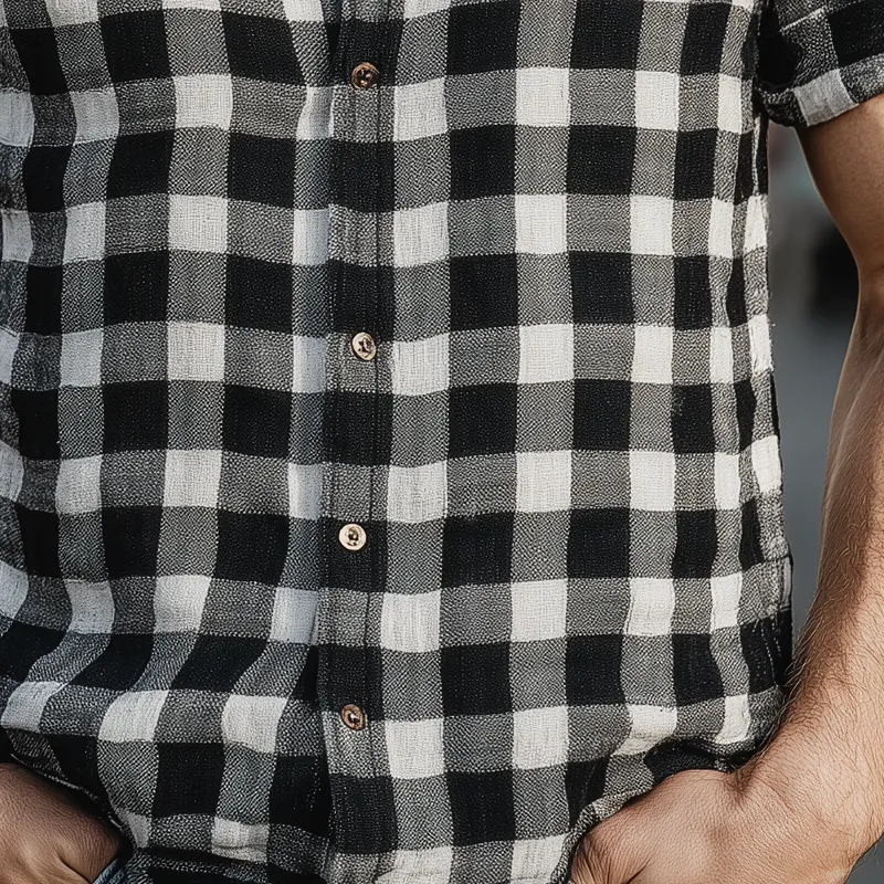 Men's Plaid Stand Collar Short Sleeve Cotton And Linen Shirt MTA1504G6X sold by Manly product image thumbnail 3