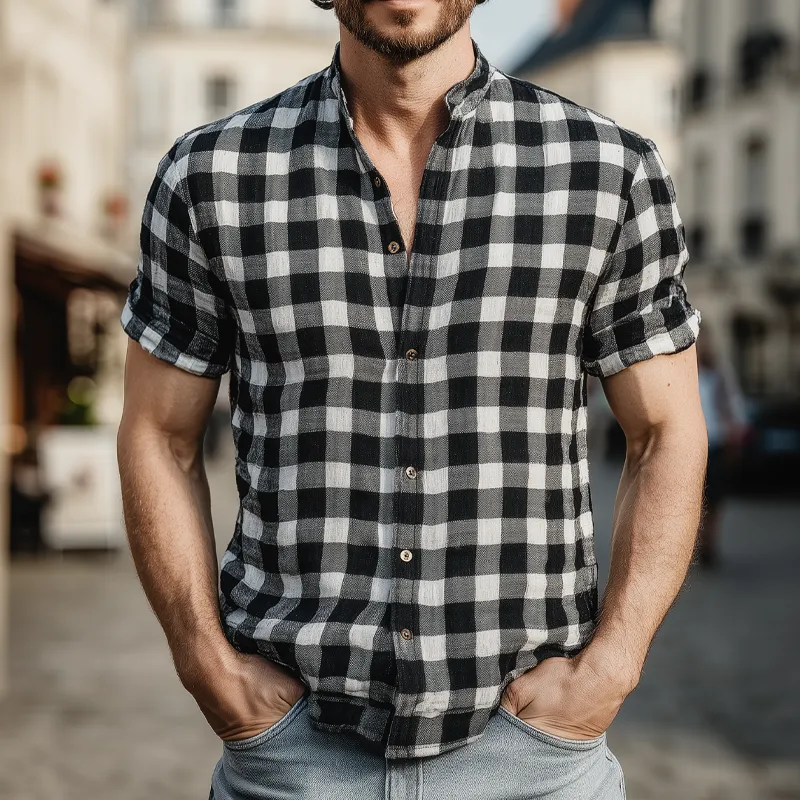 Men's Plaid Stand Collar Short Sleeve Cotton And Linen Shirt MTA1504G6X sold by Manly product image thumbnail 4