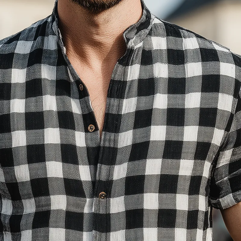 Men's Plaid Stand Collar Short Sleeve Cotton And Linen Shirt MTA1504G6X sold by Manly product image thumbnail 2