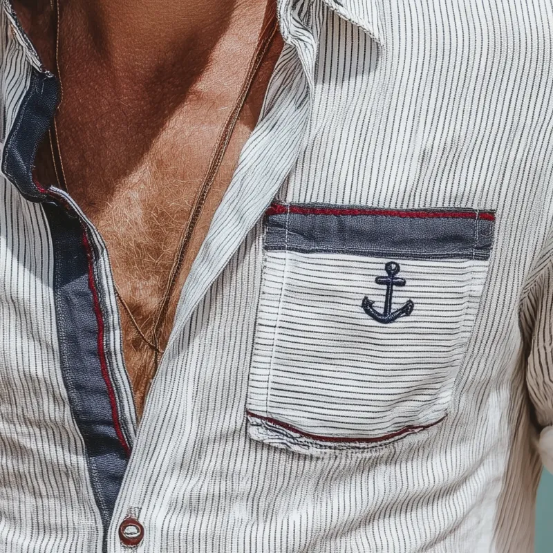 Men's Stripe Print Contrast Embroidery Short Sleeve Shirt MTA1585G2X sold by Manly product image thumbnail 3