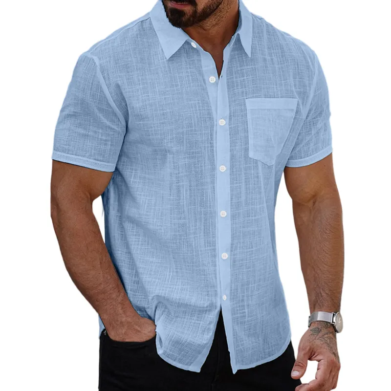 Men's Cotton And Linen Solid Color Lapel Short-sleeved Shirt MTA1439G3X sold by Manly product image thumbnail 3