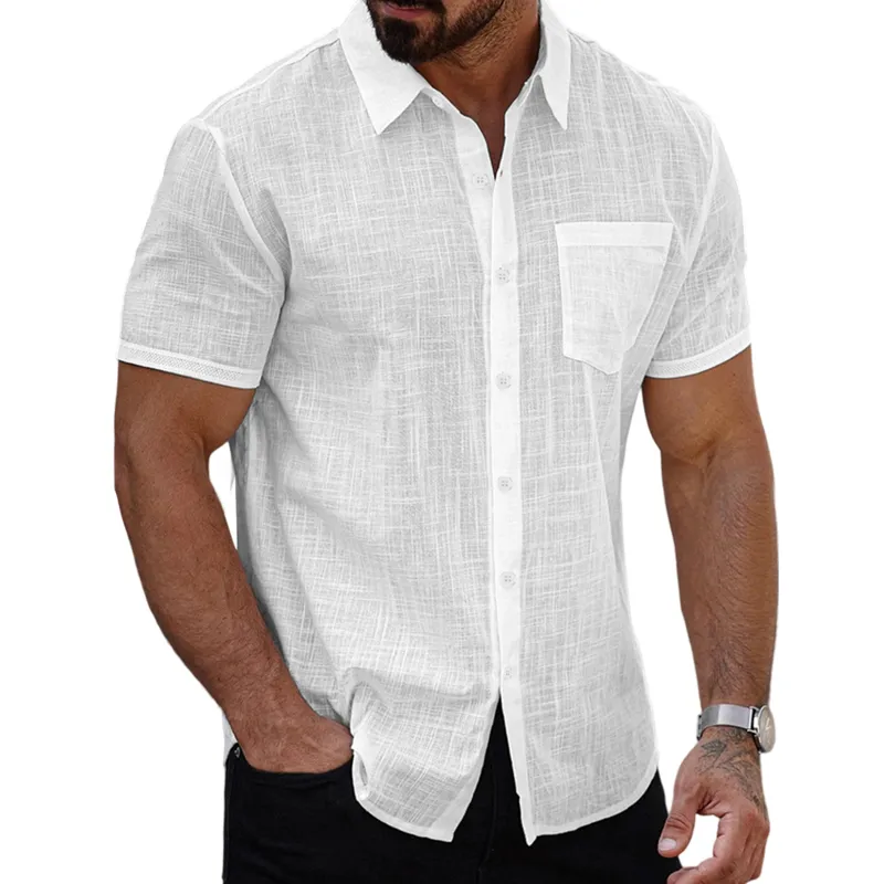 Men's Cotton And Linen Solid Color Lapel Short-sleeved Shirt MTA1439G3X sold by Manly