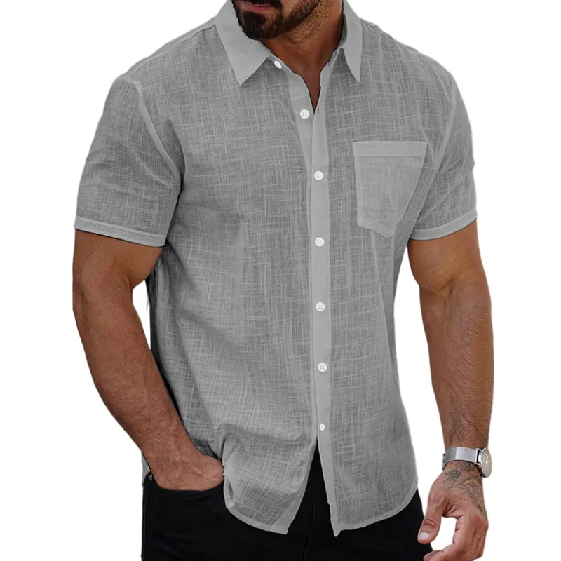 Men's Cotton And Linen Solid Color Lapel Short-sleeved Shirt MTA1439G3X sold by Manly product image thumbnail 2