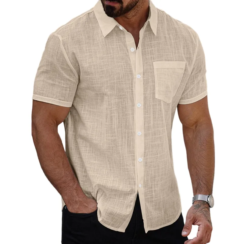Men's Cotton And Linen Solid Color Lapel Short-sleeved Shirt MTA1439G3X sold by Manly product image thumbnail 4