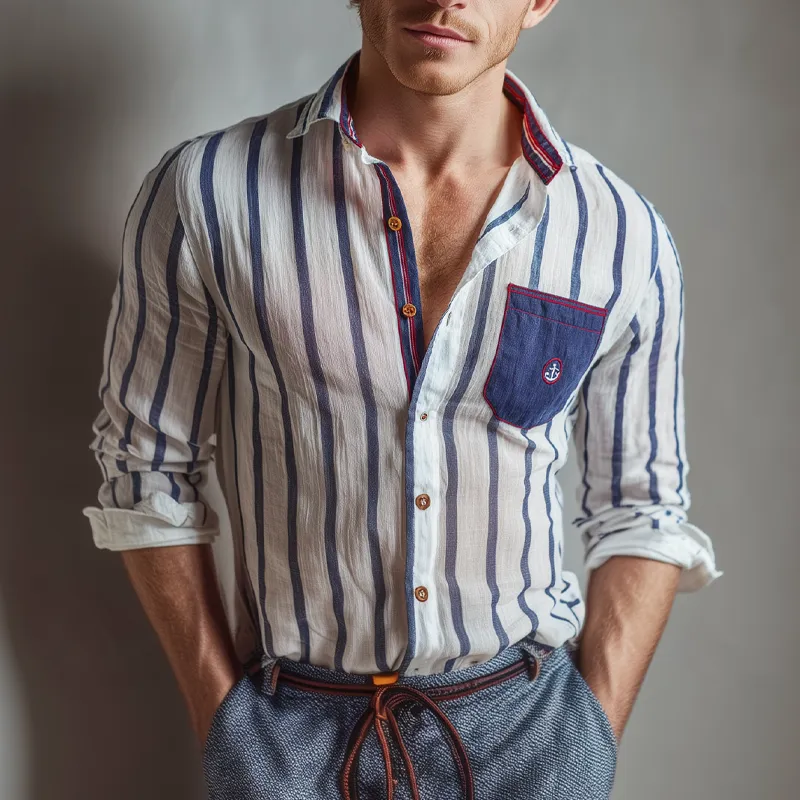 Men's Striped Print Stitching Embroidered Long Sleeve Shirt MTA1564G4X sold by Manly product image thumbnail 3