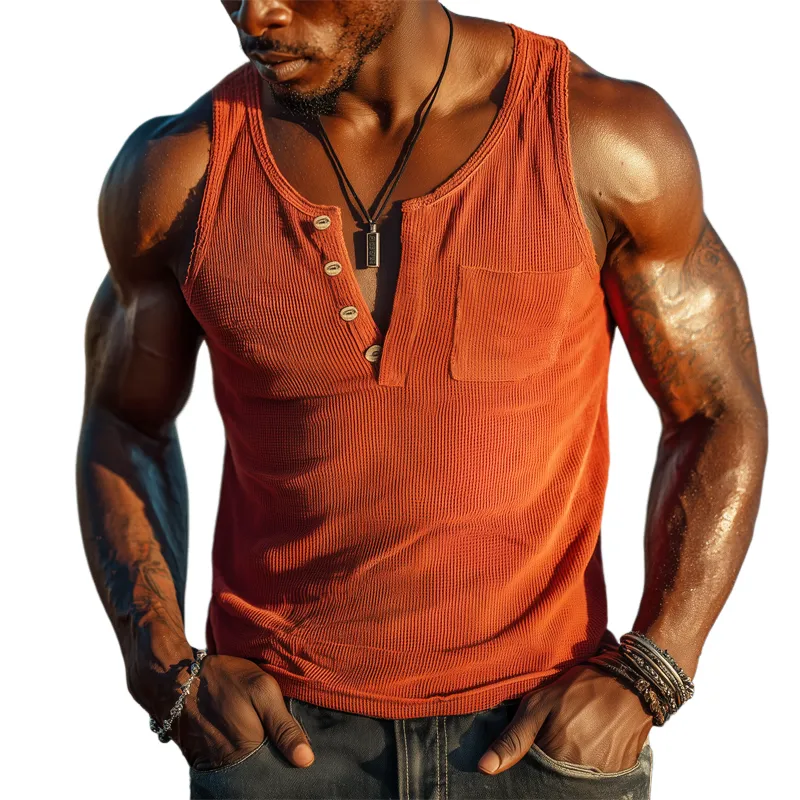 Men's Summer Henley Neck Waffle Solid Tank Top MTA1577G8U sold by Manly
