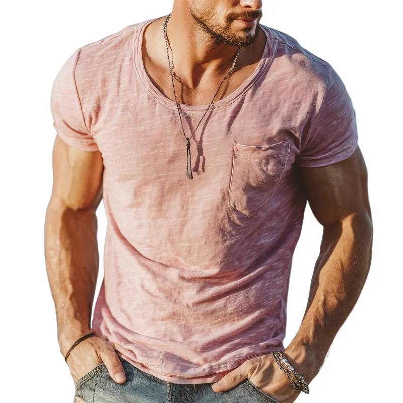 Men's Summer Solid Color Round Neck Slub Fabric Short Sleeve T-Shirt MTA1554G5U sold by Manly