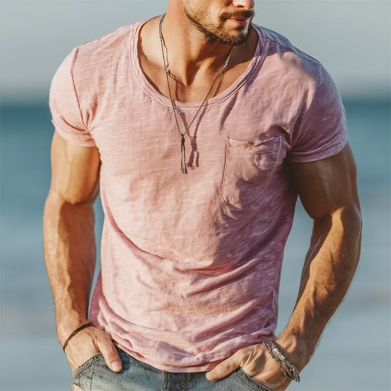 Men's Summer Solid Color Round Neck Slub Fabric Short Sleeve T-Shirt MTA1554G5U sold by Manly product image thumbnail 2