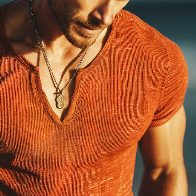 Men's Classic V-neck Slim Fit Knit Solid Color Short Sleeve T-shirt MTA1571G5U sold by Manly product image thumbnail 3