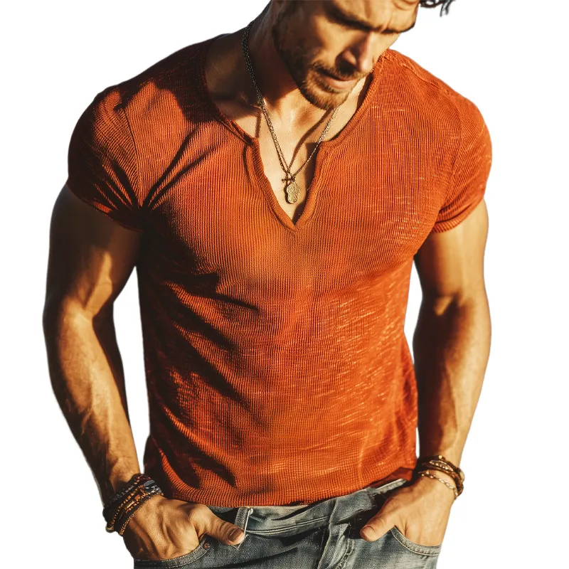 Men's Classic V-neck Slim Fit Knit Solid Color Short Sleeve T-shirt MTA1571G5U sold by Manly