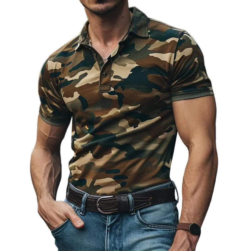 Men's Casual Camo Cotton Blend Lapel Short Sleeve Polo Shirt 35336754M sold by Manly