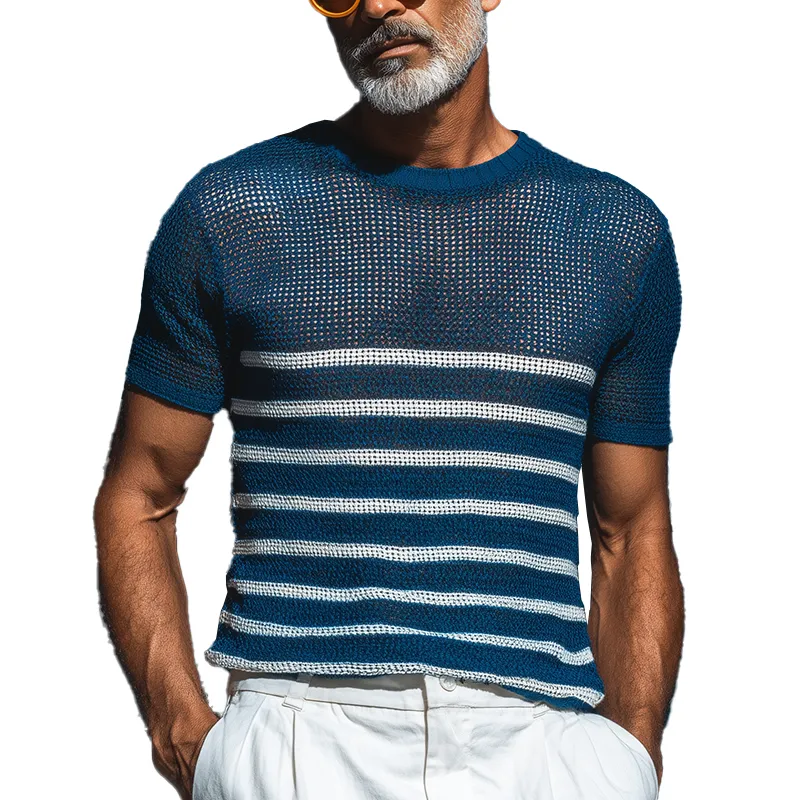 Men's Summer Retro Striped Knitted Hollow Short Sleeve T-Shirt MTA1895G5P sold by Manly